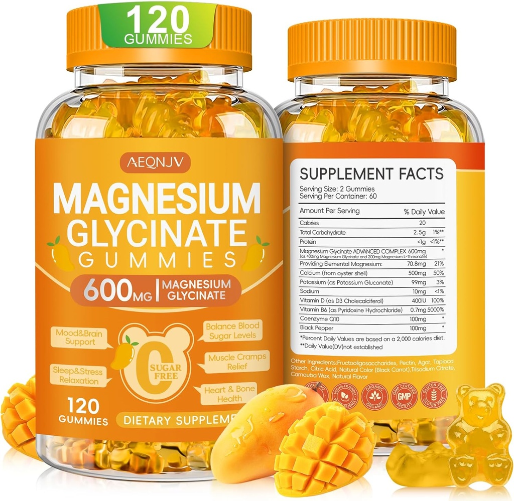[BRSRAGDYCVYB6GTO] Magnesium Glycinate Gummies 600mg, Chewable Sugar Gratuito Potasio Magnesio Gummies con Magnesio Glycinate, Vitamina D, B6 y CoQ10 para el sueño, relajación, cerebro & musculo, 120 Conde