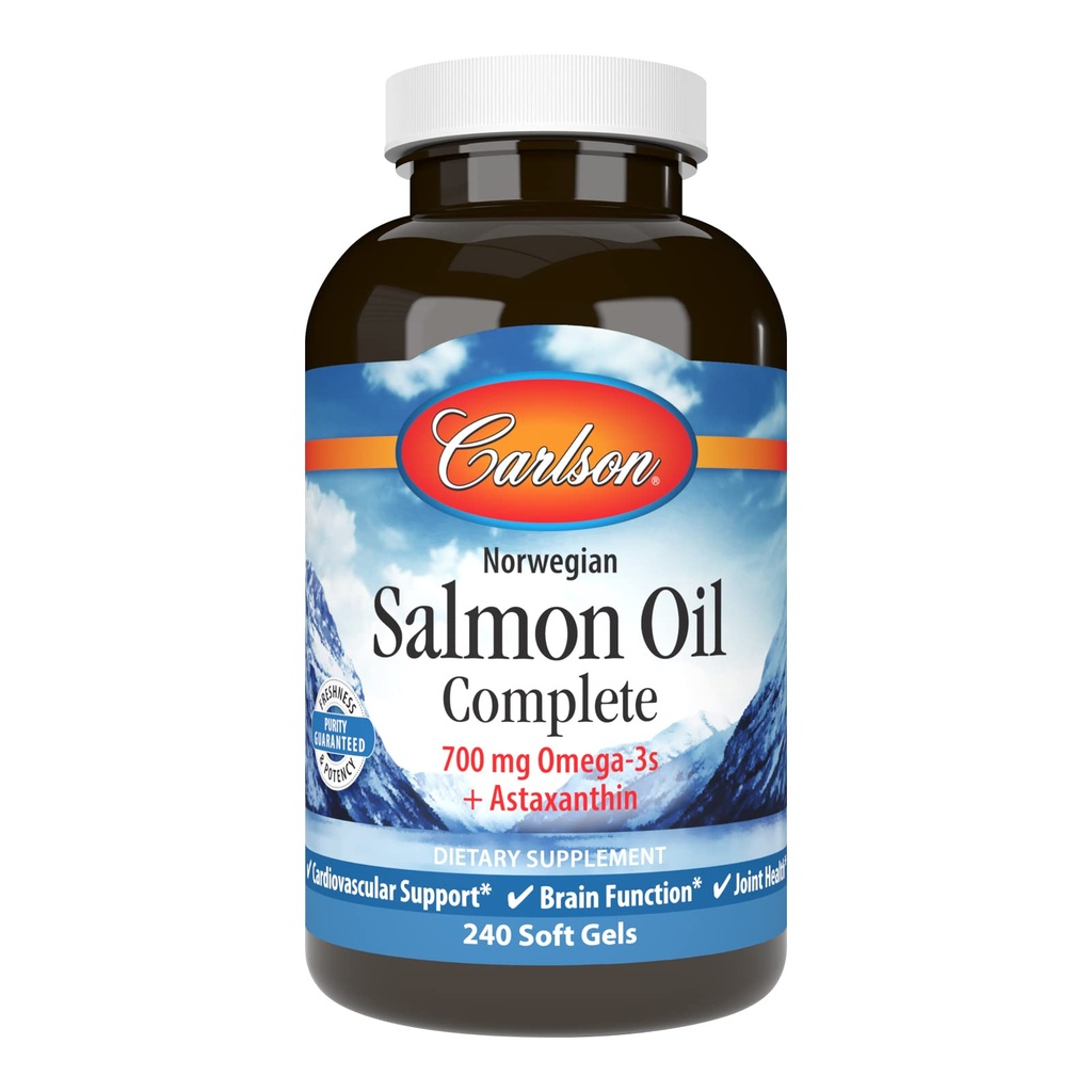 Carlson - Aceite de Salmón Completa, 700 mg Omega-3 + Astaxanthin, Cardiovascular Support, Función cerebral " Salud Conjunta, Noruego, 240 Softgels