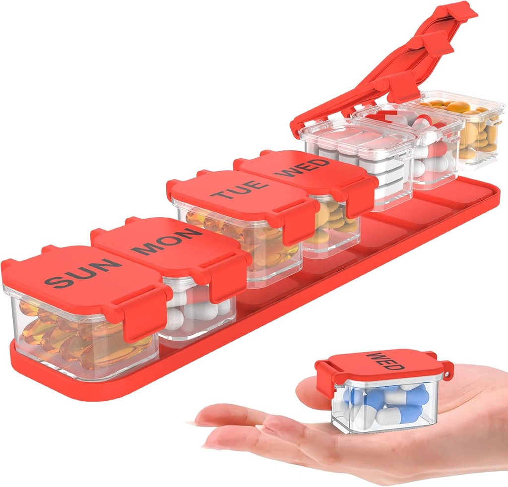 Extra Large Weekly Pill Organizer - Waterproof 7-Day Pill Box, Portable Vitamin &amp; Supplement Case, Easy to Open Design, Ideal para Viajar a nd Daily Medication Management (Red)