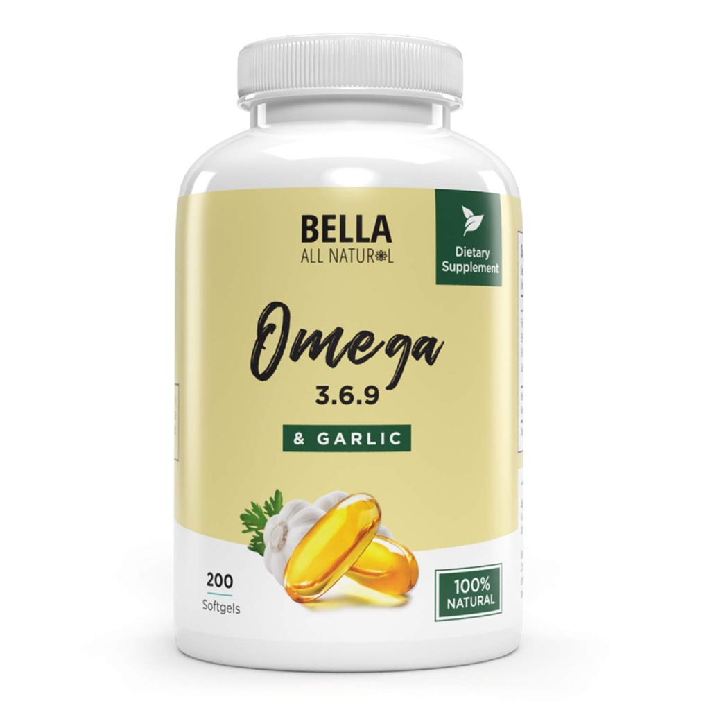 Bella All Natural Omega 3 6 9 con aceite de ajo - 200 Softgels