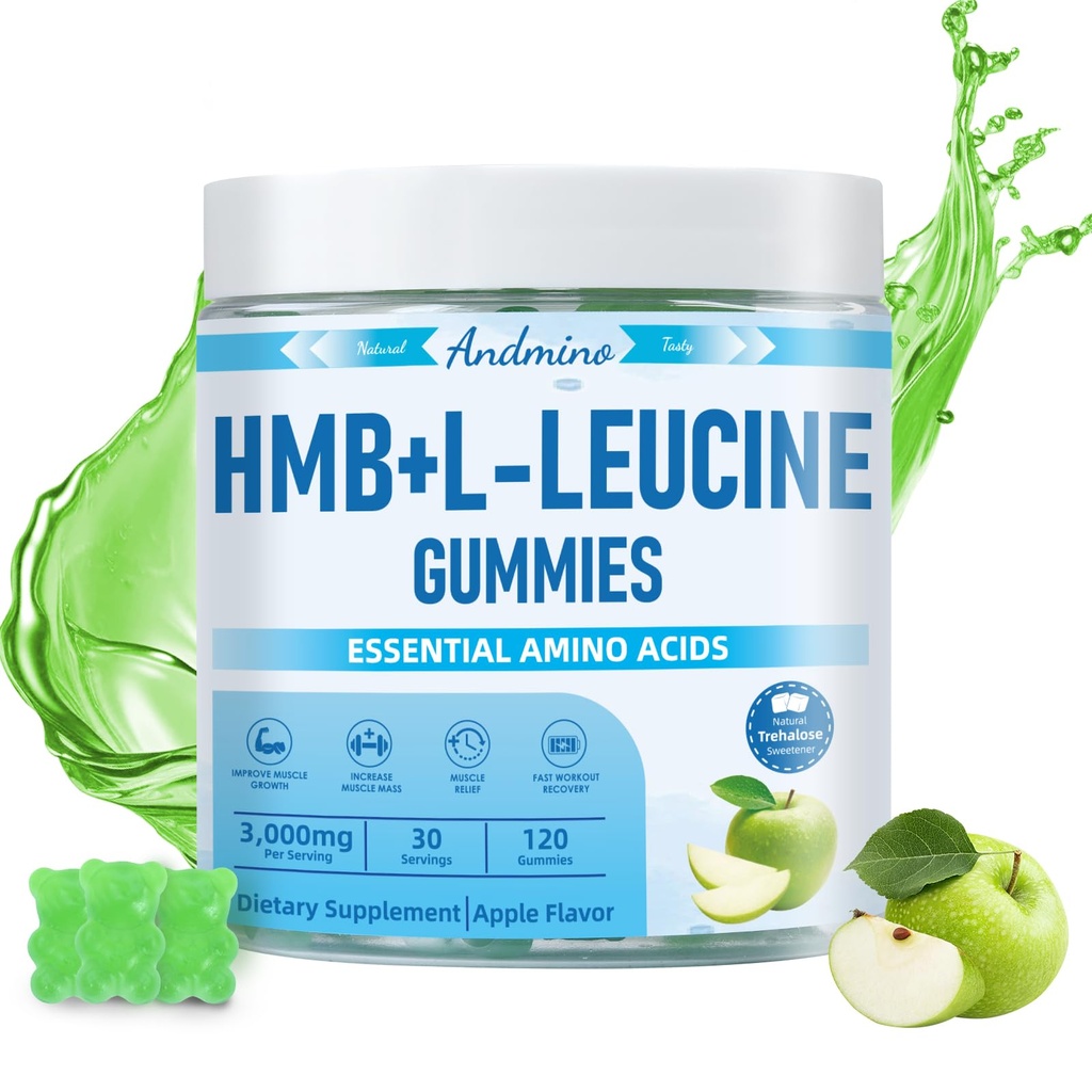 HMB y L-Leucine Gummies, 3000mg, con Trehalose, para el crecimiento muscular, el alivio muscular y la recuperación del entrenamiento, para adultos " mayores, no GMO, Vegan, Gluten Gratis, Apple Flavor, 120