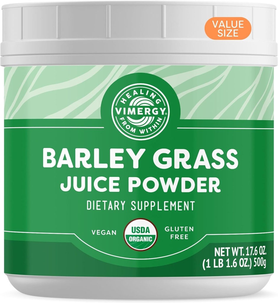 Vimergy Barley Grass Juice Powder Dietary Supplement - 0.8g per Serving (625 Serving) – Clean Superfood Formula – Promueve la Salud Cardiovascular* – Organic, Vegan & Gluten-Free Tamaño 500g