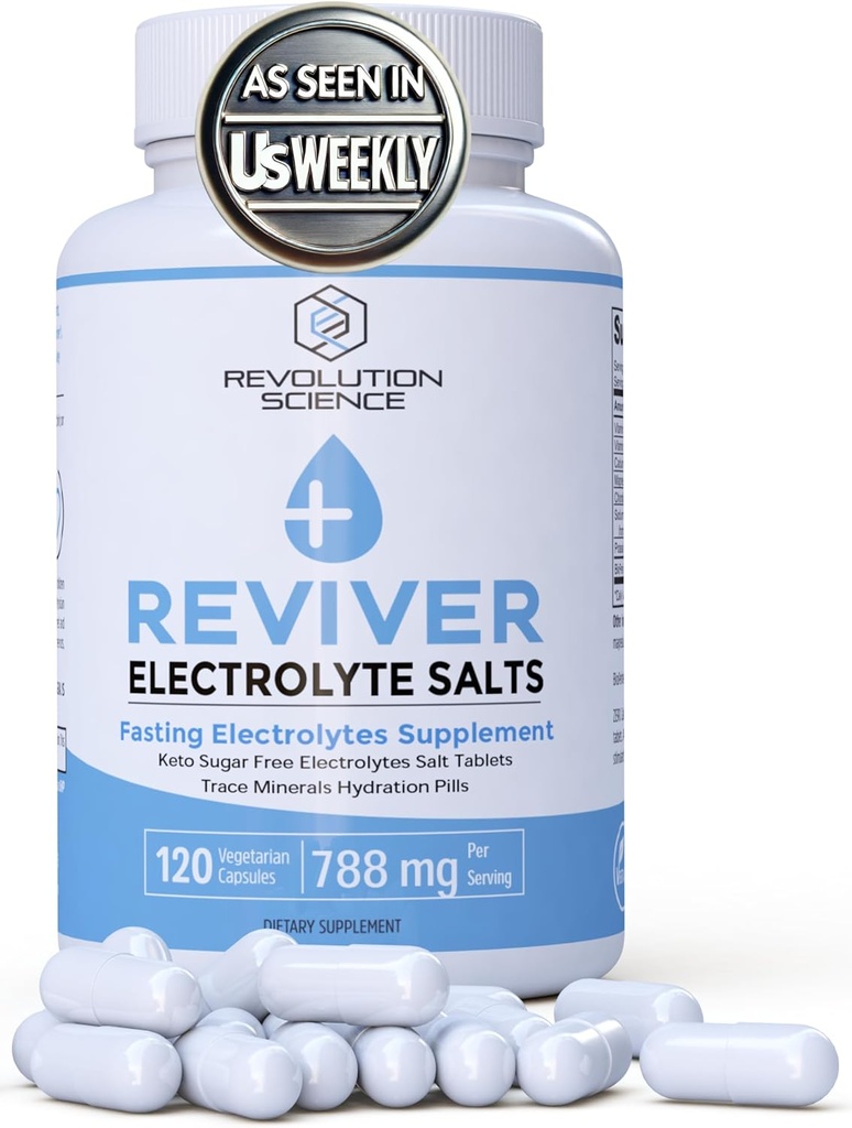 Píldoras de electrolitos de absorción superior REVIVER - Tablas de sal para corredores " suplemento de electrolitos de ayuno, Píldoras de sal sin azúcar para hidratación, defensa de cáñamo, Keto Support 120, cápsulas de electrolito