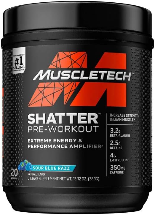 Musculo de polvo de entrenamiento previo Tech Shatter Pre-Workout PreWorkout Powder para Hombres PreWorkout Energy Powder Drink Mix Sports Nutrition Pre-Workout Products ¦ Sour Blue Razz (20 Servings)