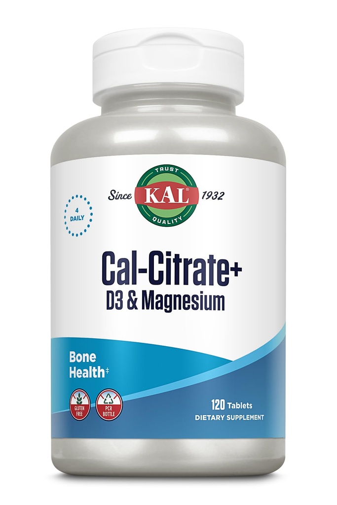 KAL Cal-Citrate+, Calcium Citrate Plus Vitamina D-3 y 500 mg de Magnesio, Huesos Saludables y Apoyo a los Dientes, Gluten Gratis y Laboratorio Verificado para Calidad, 30 Serviciones, 120 Tabletas