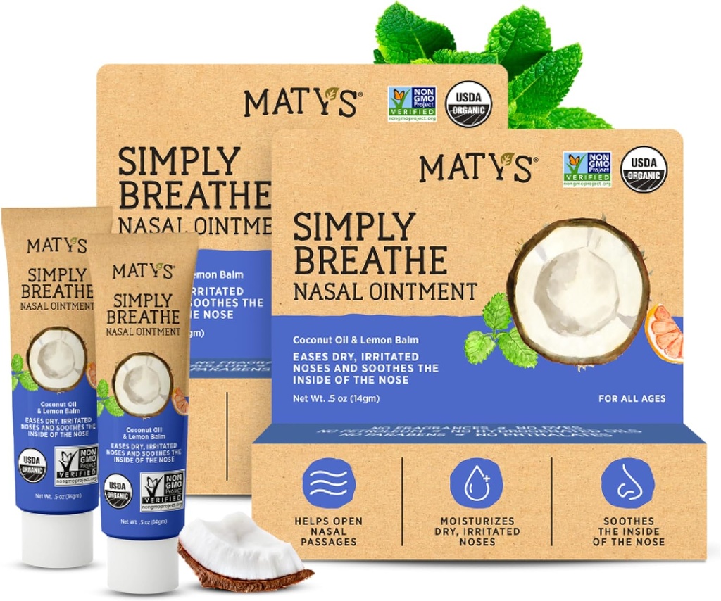 Matías Orgánicas Sencillamente Respirar ungüento Nasal para Nostriles secos Debido a las alergias, hemorragias nasales, Irritación del dispositivo CPAP " Oxygen, Saline Clean Alternativa para Adultos " Niños, 2 Pack, 0,5 oz Cada uno