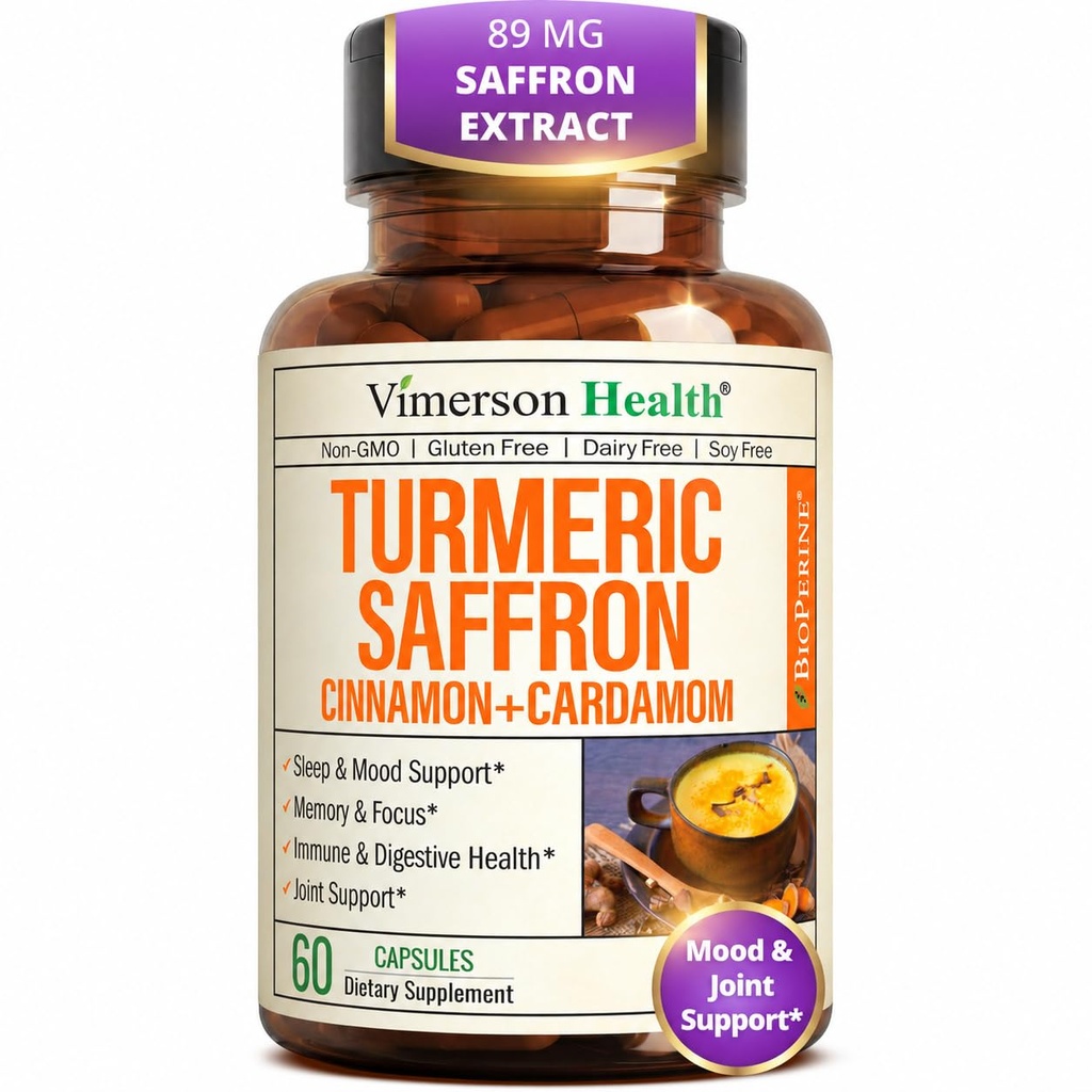 Suplementos Saffron – 89mg Saffron Extract y 1000mg Tumeric Blend – Suplemento Turmérico con Ceylán Canela y Cardamomo para Mood, Memoria y Salud Ocular – Suplementos Conjuntos para Mujeres y Hombres – 60 Cuenta