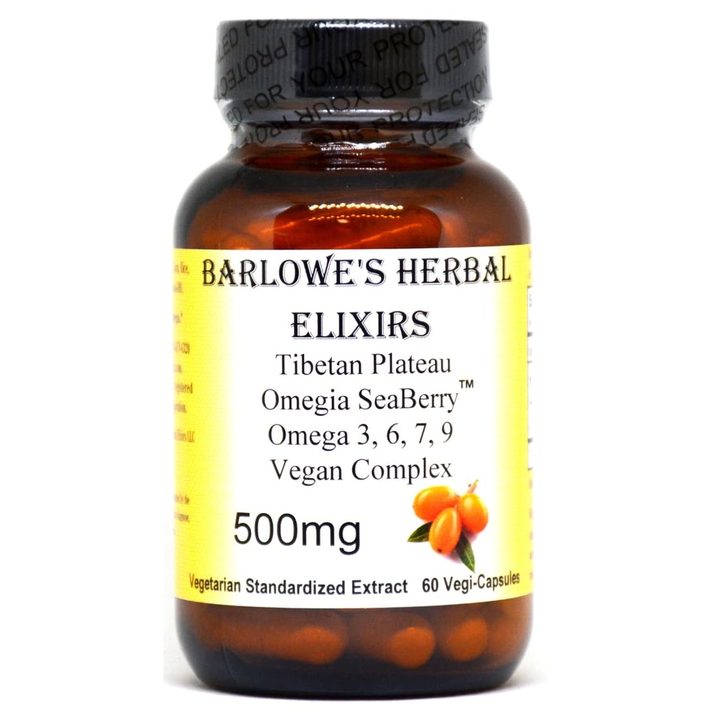 Barlowe's Herbal Elixirs Omegia SeaberryTM ← Sea Buckthorn  Complete Omega 3, 6, 7, 9 Fatty Acids ← 500mg Per Capsule ← 60 Veggie Capsules ← Glass Bottle ← Stearate Free