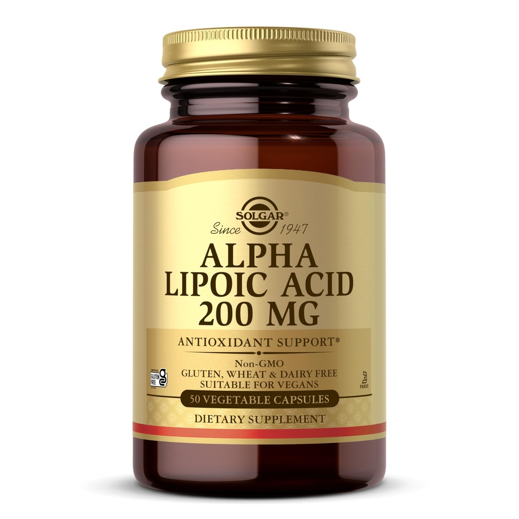 Solgar Alpha Lipoic Acid 200 mg, 50 cápsulas vegetales - Soporte antioxidante - Ayudas a reciclar Glutathione, vitamina C &amp; E, CoQ-10 - No GMO, Vegan, Gluten Free, Dairy Free, Kosher - 50 Servimientos