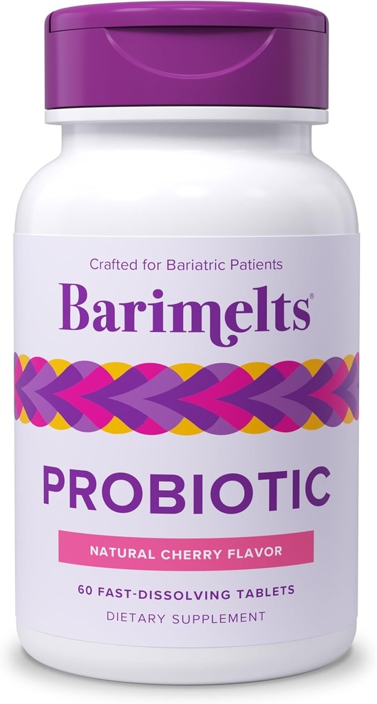 Barimelts Probiótico, 5 Billones CFU - 60 Tablas de resolución rápida (2-Mes de suministro) - Probióticos sin azúcar para las mujeres, Soporte Salud Gut Después de Cirugía Bariatrica, Sabor de Cereza Natural