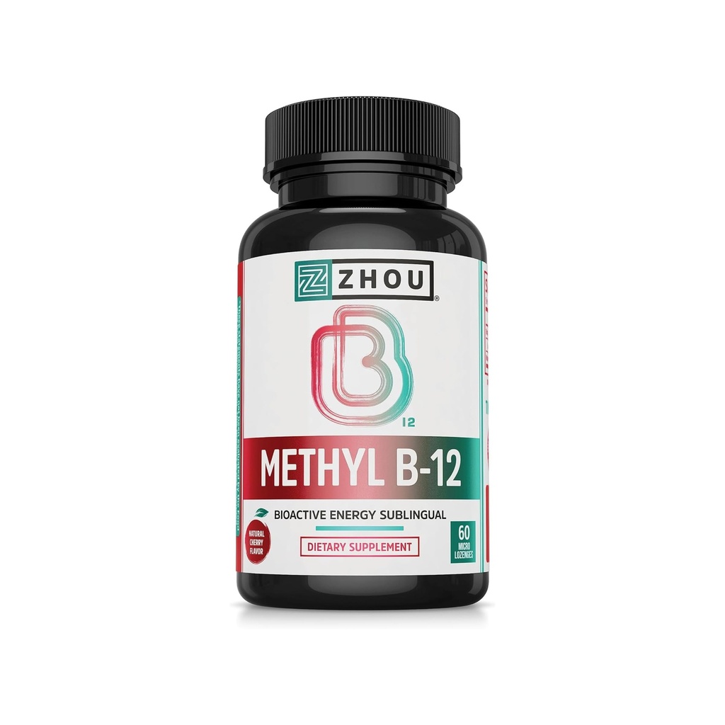 Zhou Methyl B12 - Methyl B-12 Supplement for Women & Men, Vitamin B12 5000 mcg, Vegan Friendly, Cellular Energy and Nerve Function Support, Methylcobalamin - 60 Micro Lozenges