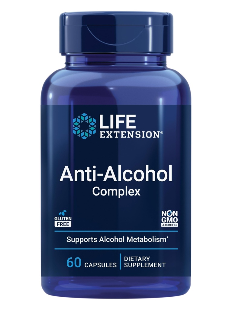 Extensión de la vida Complejo Anti-Alcohol, Vitamina C, zinc, semilla de uva, cardo de leche, extracto de cierre, soporta Metabolismo de alcohol saludable y función de hígado óptima, libre de gluten, no transgénico, 60 cápsulas