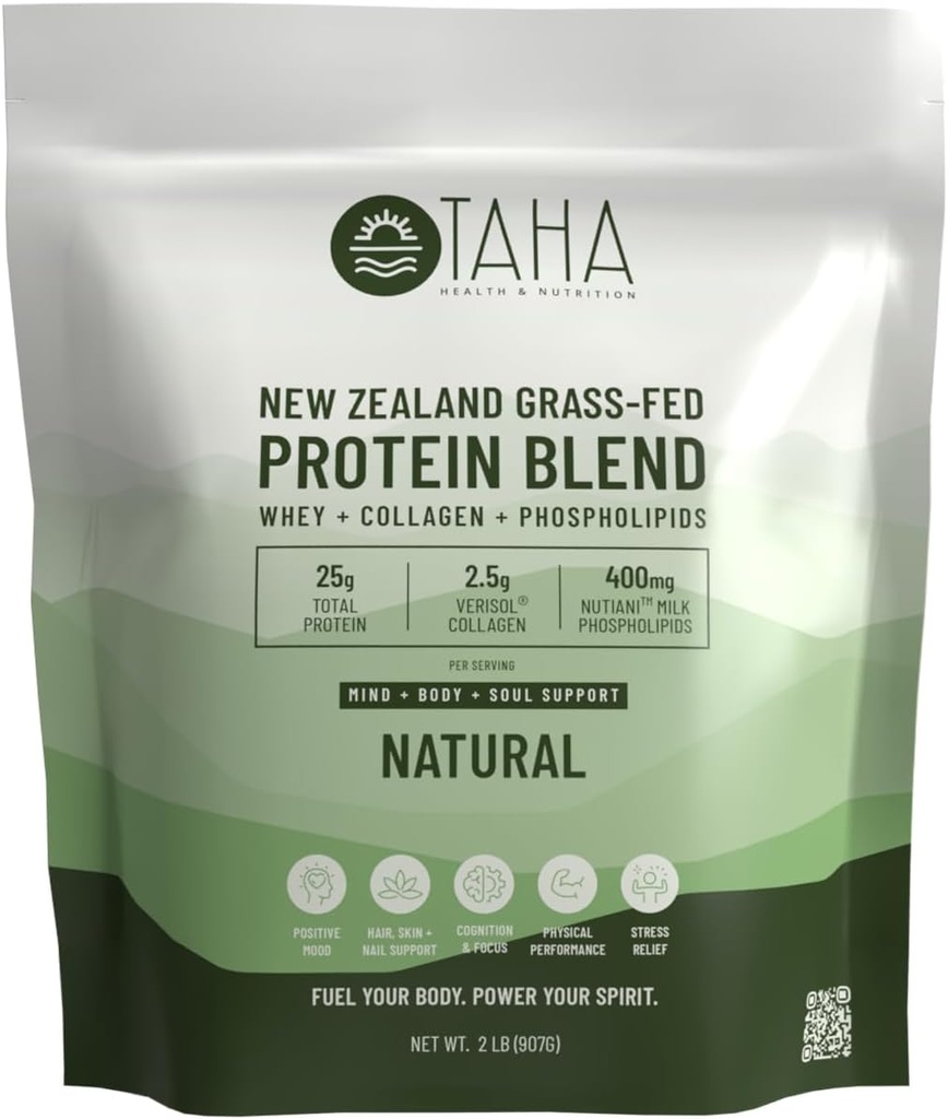 Taha Health & Nutrition Mind + Body Protein Blend – Natural, Unflavored TEN 25g Protein from Whey & Collagen + 400mg Milk Phospholipids ← Grass-Fed, Free-Range New Zealand Dairy TEN 2LB