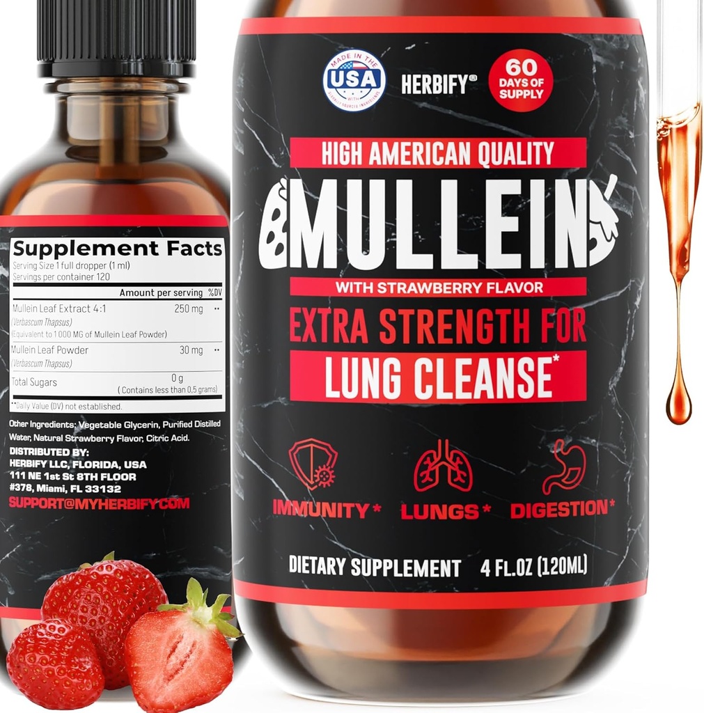 HERBIFY Mullein Drops - Lung Cleanse - Leaf Extract - Powerful Mullein for Immune Support, Detox & Respiratory Support - Made in USA - 4 Oz Strawberry Flavor