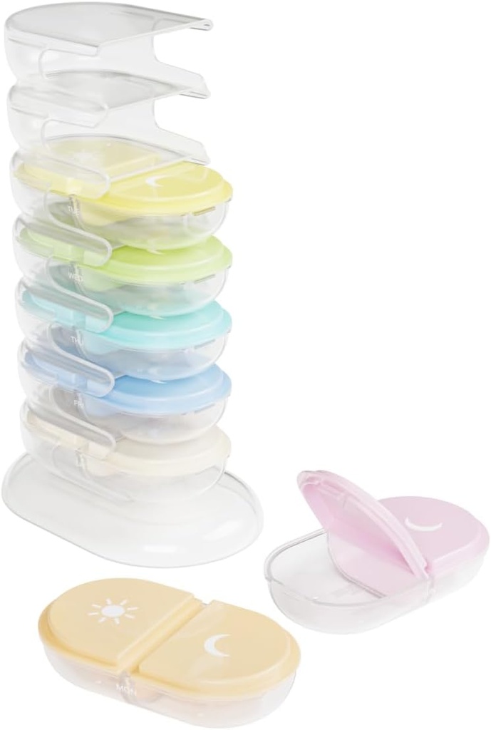 EZY DOSE Weekly (7-Day) AM/PM Pill Organizer Tower, Stackable Medication Dispenser, Portable Travel Pill Box con Morning &amp; Evening Compartments, Easy-to-Use Daily Vitamin Storage Case, Rainbow