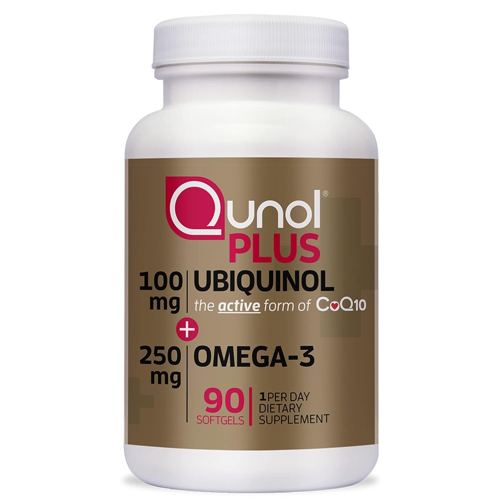 Qunol Plus Ubiquinol CoQ10 100 mg con Omega 3 aceite de pescado 250 mg, suplemento antioxidante de fuerza adicional, 90 conde