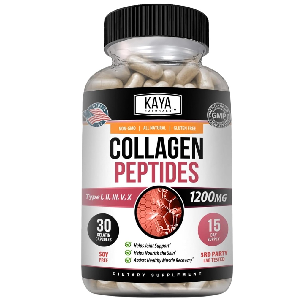 Kaya Naturals Péptidos multi colágeno Polvo Complejo para Mujeres y Hombre, Vital para el pelo, la piel, las uñas y el envejecimiento, Tipos I, II, III, V & X Collagen Protein Blend ← Capsules - 30 Contar Suplemento