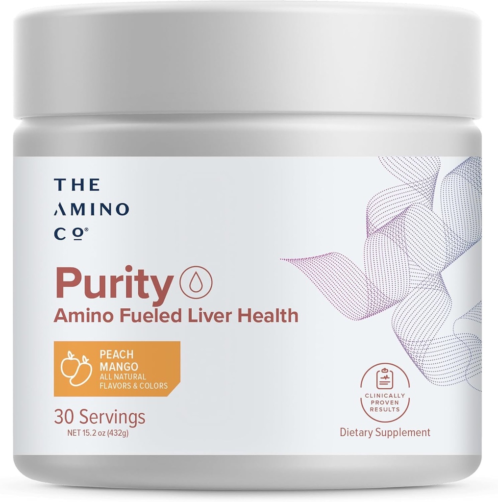 The Amino CO. Purity - Suplemento de soporte para hígado con ácidos esenciales para la limpieza de la desintoxicación del hígado - Boost Liver Health for Optimal Liver Support- Peach Mango, 30 Servimientos
