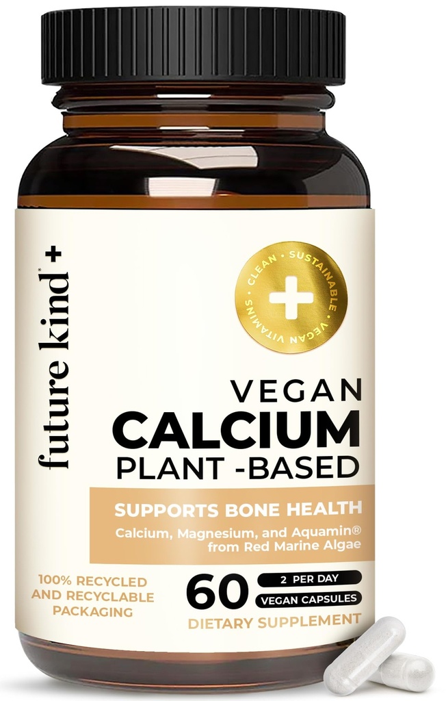 Suplemento de calcio vegano de tipo futuro - Suplemento de magnesio de calcio basado en plantas Fuente de Islandia para el soporte de huesos de dientes (60 cápsulas)