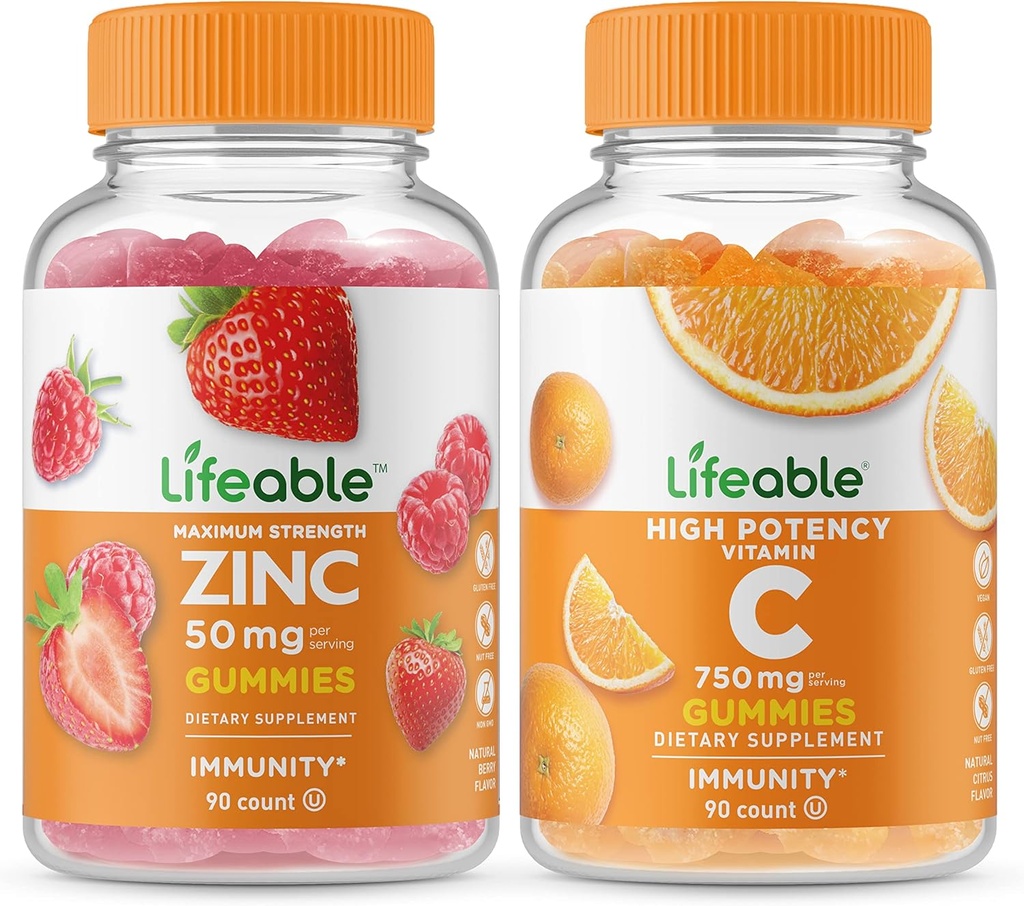 Zinc vital 50mg + Vitamina C 750mg, Gummies Bundle - Gran Tasting, Suplemento de vitamina, Gluten Gratis, GMO Gratis, Chewable Gummy