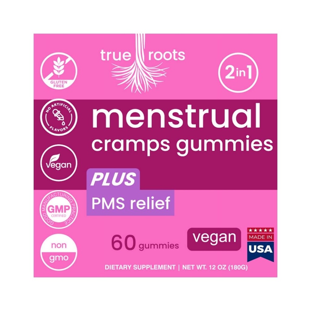 Menstrual Cramp Periodo Gummies True Roots ← PMS Apoyo Suplemento para Mujeres ← Saludable Flujo ← Flo PMS Menstrual Cycle Relief, Cramping and Bloating ← Vegan & Natural Flavors  60 Conde