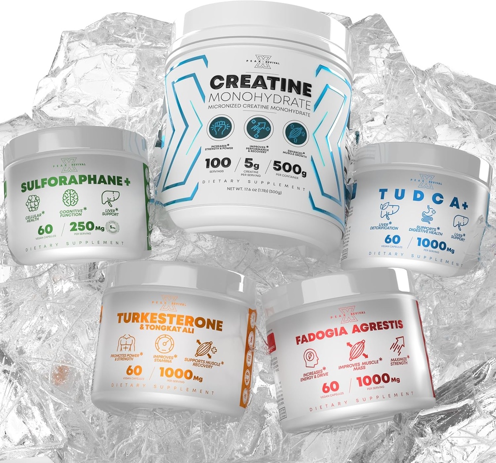 Bundle - Turkesterone &amp; Tongkat Ali + Fadogia Agrestis + Creatine + Sulforaphane + TUDCA - Crecimiento del músculo, Salud del hígado, Función cognitiva &amp; Detox - Made in USA