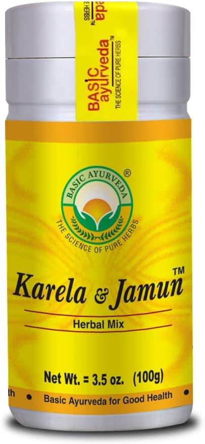 BASIC AYURVEDA Karela Jamun Herbal Mix Powder ← 100% Natural Bitter Gourd & Java Plum Blend ← Vegan, Non-GMO  durable for Herbal Use, Juices, Smoothies tención 3.53 Oz (100g)