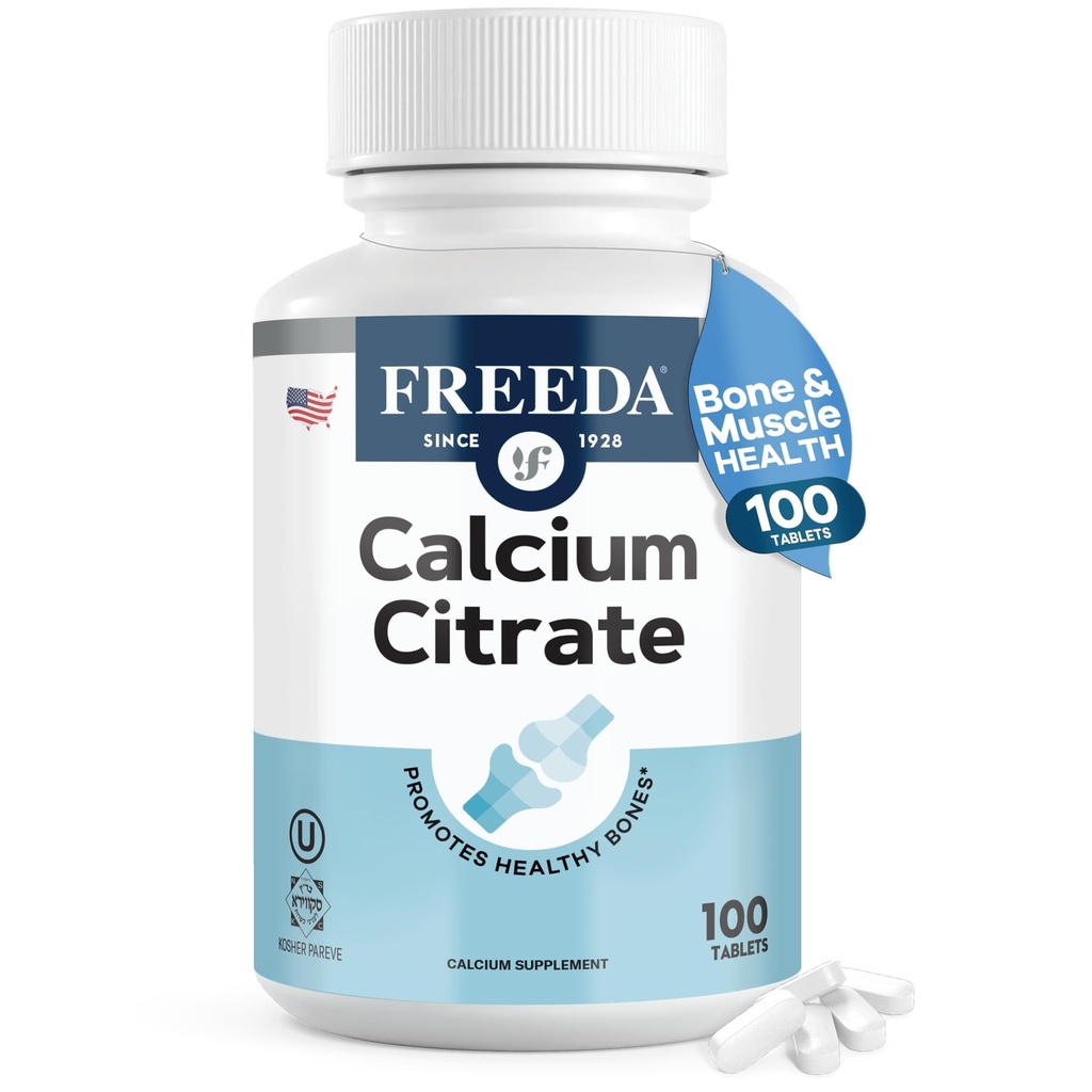 Citrato de calcio Freeda – suplemento de fuerza de hueso vegano Kosher – soporta la densidad de huesos y la función muscular – Calcio 1000 mg por ser – No hay vitamina D agregada – (100 tabletas)