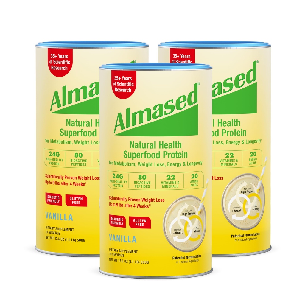 Afeitado de reemplazo de vainilla Almased - Base de planta alta de baja glucémica Proteína Powder- Nutricional Apoyo a la salud de peso Suplemento - Vanilla Flavor - 17.6 oz (1.1 libras (3 Pack)