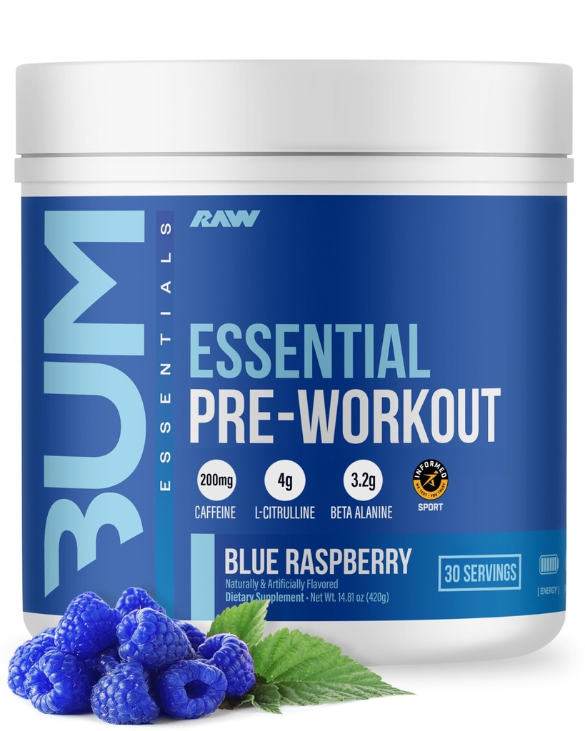 RAW Nutrition - Essential Pre - Chris Bumstead Pre Workout Fórmula, Sports Nutrition Pre-Workout Powders ← Men &amp; Womens Drink, Energy Powder for Working Out (Blue Raspberry)