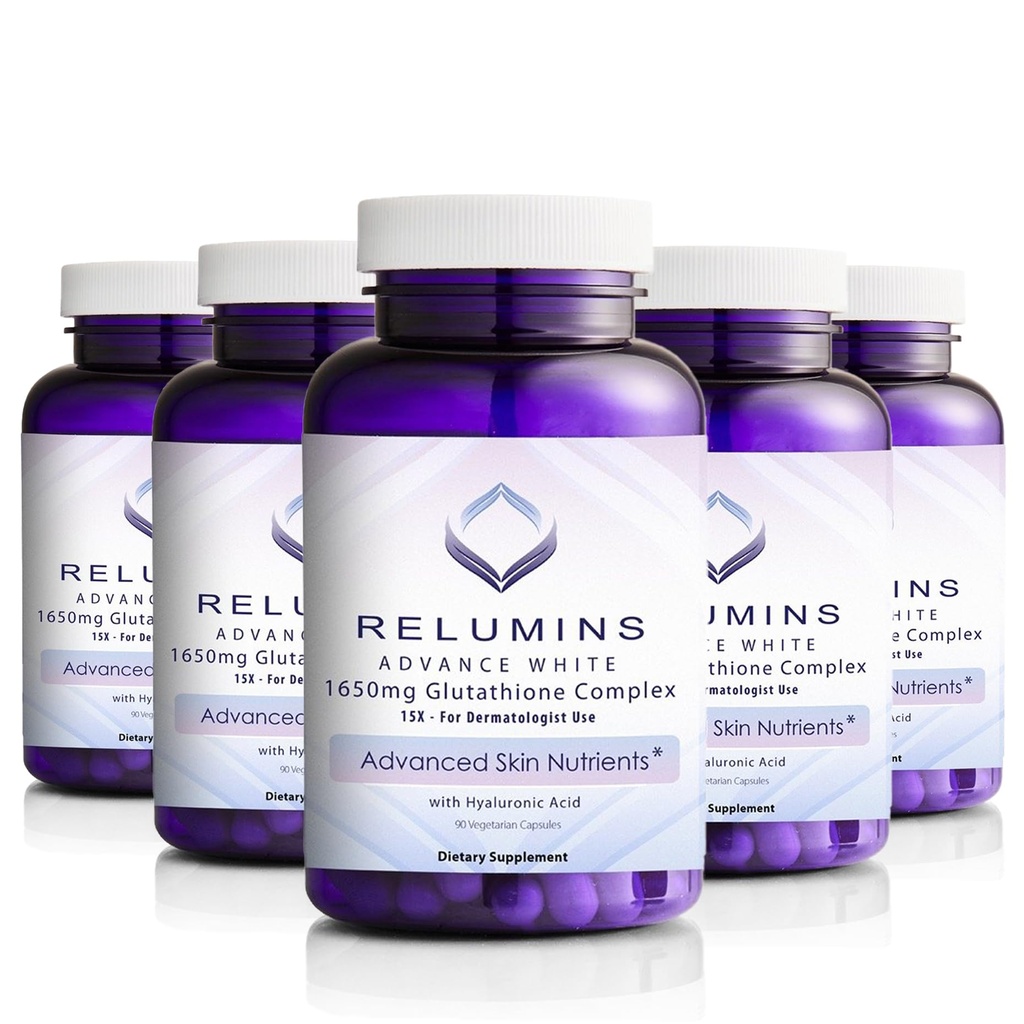 Reluminas L-Glutathione Complex 1650mg - Antioxidant Support with Alpha Lipoic Acid, NAC, L-Methionine, Vitamina E, Skin Health Supplement, Made in USA - 90 Vegetarian Capsules x 5 Botellas