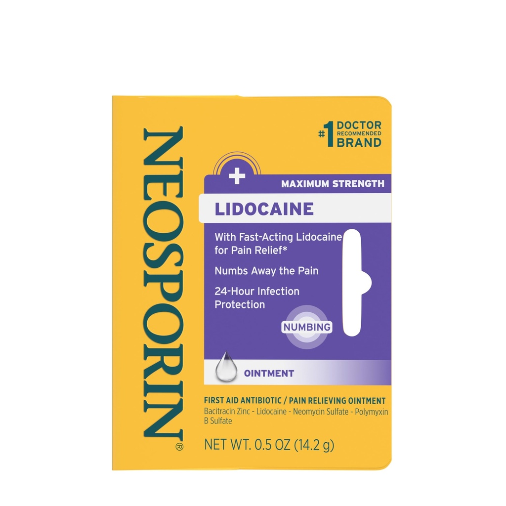 Neosporin + Lidocaína Primeros Antibióticos ungüento, máxima fuerza &amp; acción rápida Crecimiento del dolor tópico, protección de infecciones de 24 horas que nubla el dolor, Bacitracin Zinc, 0,5 oz