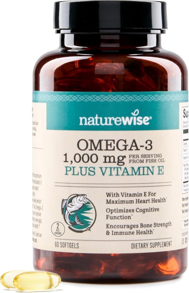 NatureWise Extra-Strength Omega 3 Fish Oil Supplement - 1000mg per Serving - 600 EPA & 400 DHA y Vitamina E - Apoyo para la salud del corazón y del cerebro - Lemon Flavor, GMO-Free - 60 Softgels[1-Month Supply]