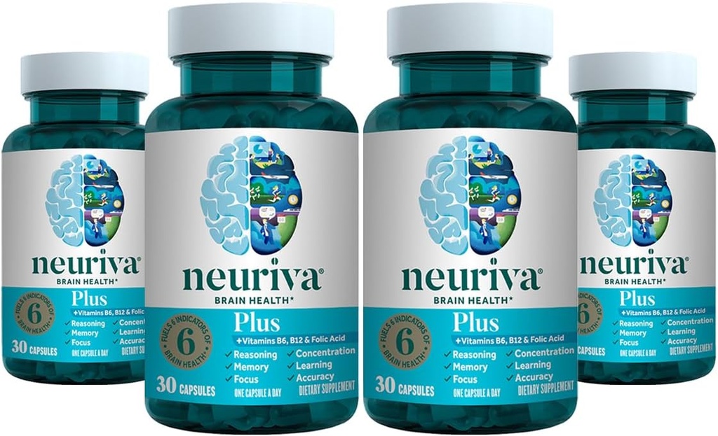 NEURIVA Más suplemento de cerebro para memoria, concentración + función cognitiva con test clínico fosfatidilserina y neurofactor, VIT B6 & B12, 30 cápsulas (4 paquete)