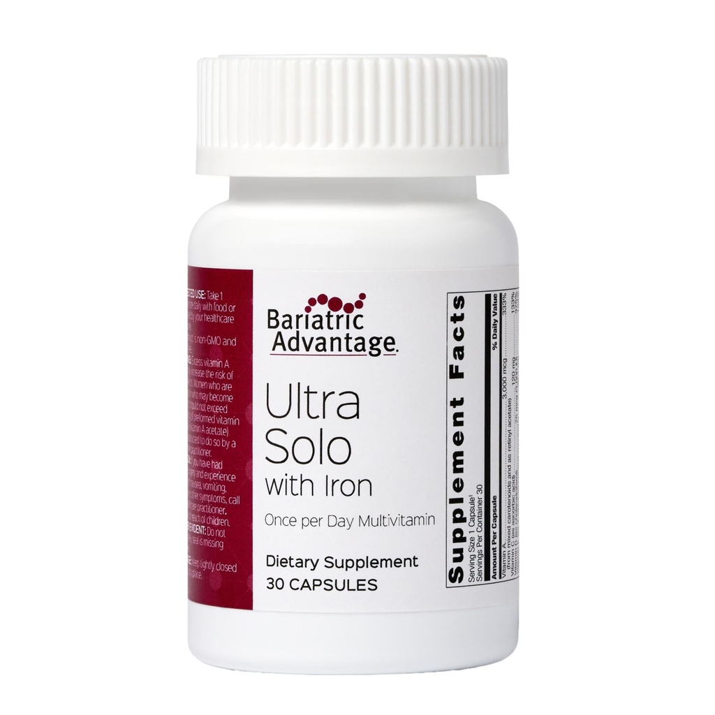 Bariatric Advantage Ultra Solo con Hierro - Una vez por día Multivitamínico diario - para pacientes báricos - con Thiamin, vitamina A &amp; Más - Gluten Gratis - 30 cápsulas