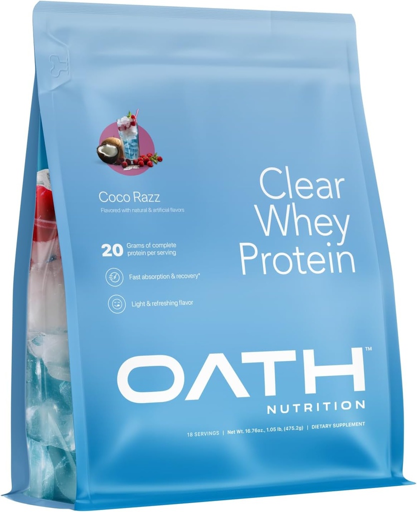 Nutrición del juramento Polvo de proteína de aislamiento claro, Coco Razz, 20g Proteína completa por servicio, No Añadido Azúcar, Grass, 18 Servimientos