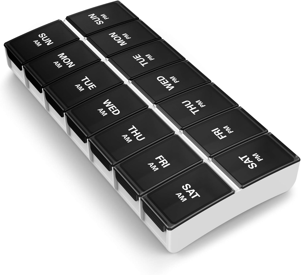 BUG HULL 7-Day AM/PM Pill Organizer - Portable Pill Box, Travel Case, Black