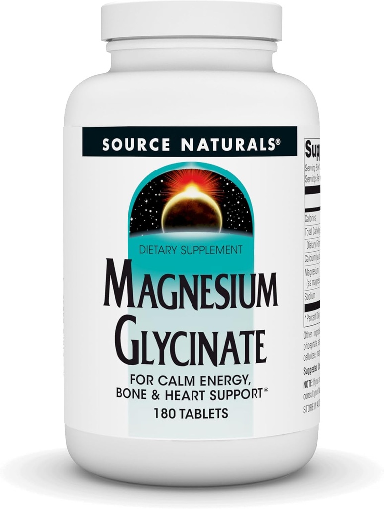Fuente Naturales Magnesium Glycinate, para Energía Calma, Bone & Heart Support*, 200 mg por Serving - 180 Tablets