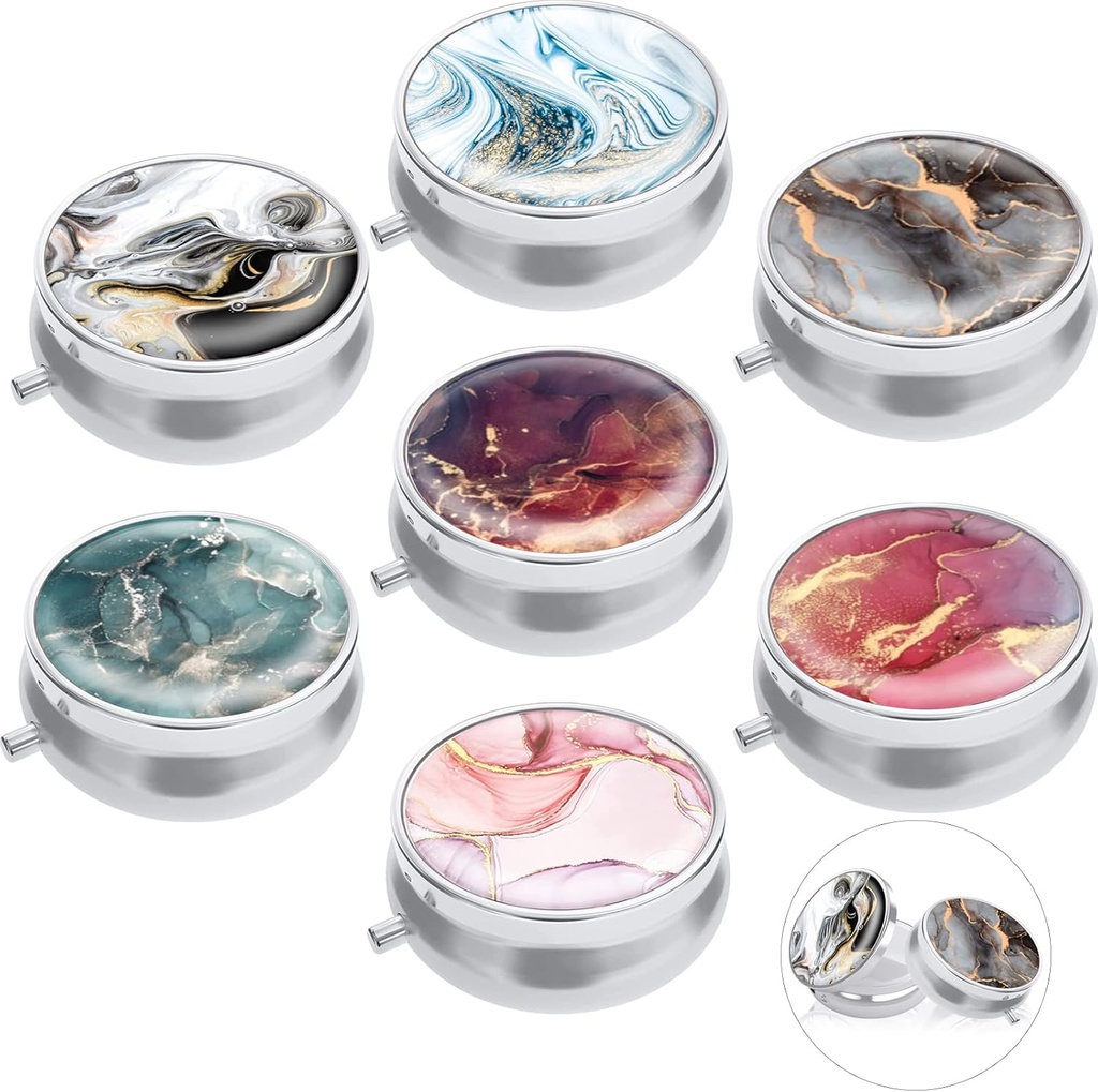 7PCS Round Pill Box Case, ULENDIS 3 Compartment Portable Cute Travel Pill Case Medicine Tablet Vitamin Holder Organizer, Decorative Painting Medicines Storage Container for Purse Pocket Travel Gift