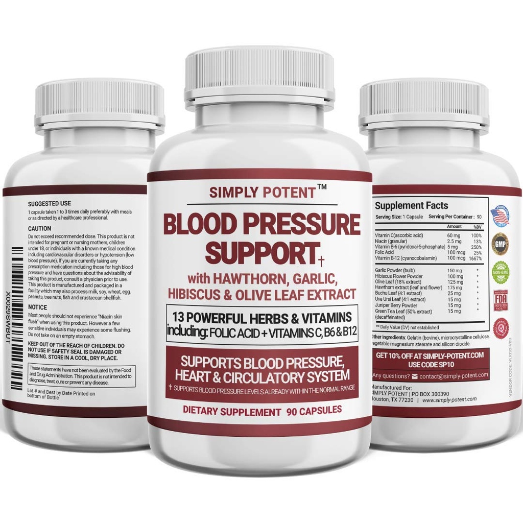 Suplementos de apoyo a la presión sanguínea - Corazón sano, Colesterol, Cardio, Hipertensión, Alta presión arterial - 13 vitaminas " hierbas - ácido fólico, vitaminas C B6 " B12, Hoja de oliva de ajo hibisco, 90 cápsulas