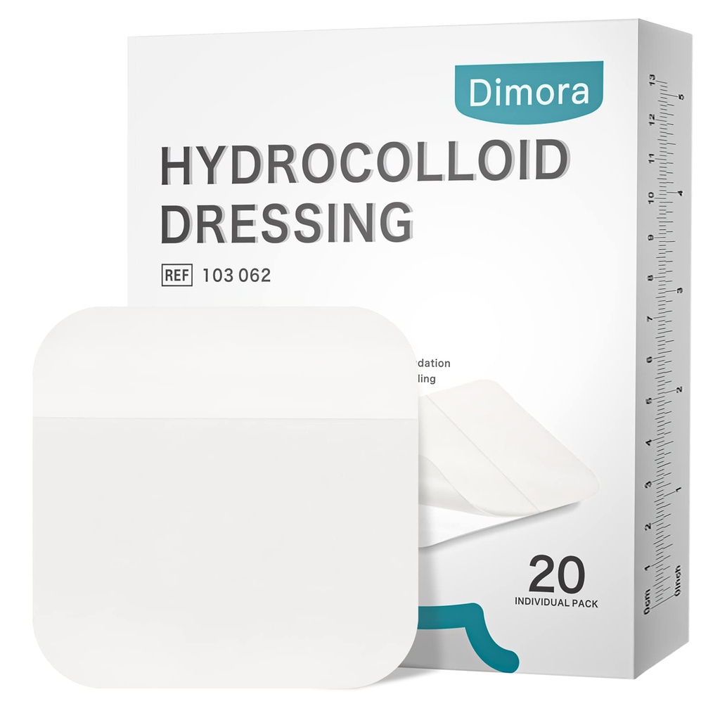 Dimora 20 Pack Hidrocolloide Wound Dressing, Ultra Thin 4" x 4" Gran Patch Bandages with Self-Adhesive