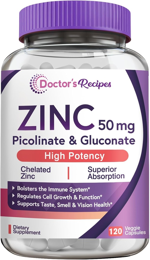 Recetas del médico Zinc 50mg, Picolinato Zinc altamente absorbible " Gluconate, apoya la defensa natural de la inmunodeficiencia, ADN " Formación de proteínas, crecimiento celular, no GMO, 120 cápsulas vegetales