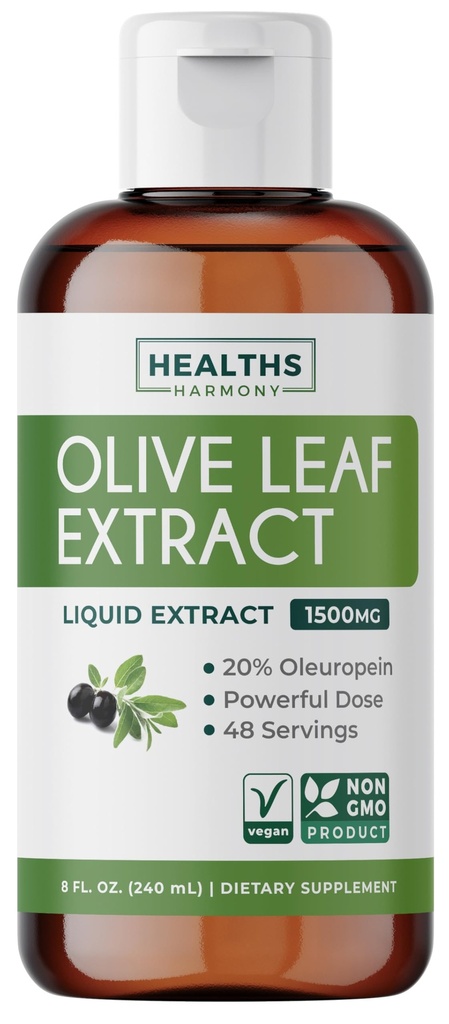 Extracto de la hoja de oliva (No-GMO) Super resistencia: 20% Oleuropeina - 1500mg - Vegetariano - Suplemento de apoyo inmunológico, salud de la piel y antioxidantes poderosos Suplemento - Extracto líquido - 8 Fl Oz