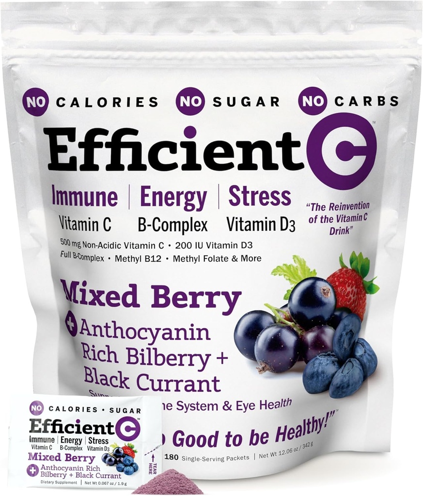 ANDREW LESSMAN Efficient C Mixed Berry 90 Packets - Immune, Energy, Stress and Eye Health Support. Invención de la bebida de vitamina C. Sin calorías. No Sugar. Sin carbohidratos. Fácil de mezclar.