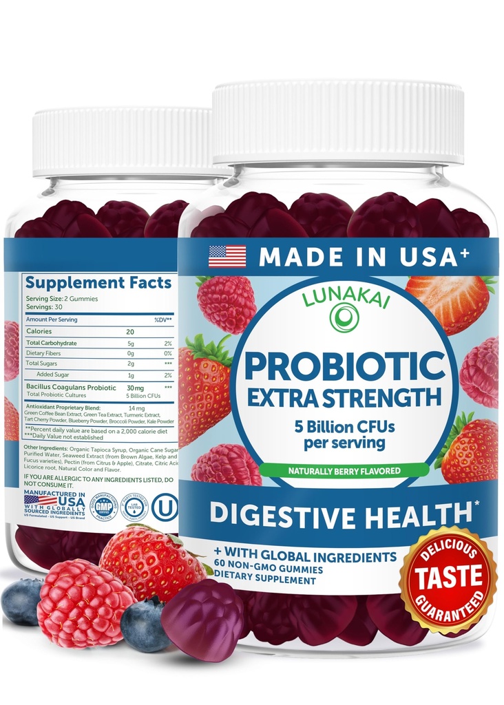 Lunakai USA hizo Gummies Probióticas - 5 millones de UF, Vegan, No GMO, Gluten-Free - Digestive &amp; Immune Support for Women &amp; Hombre - 60 Gummies Chewable