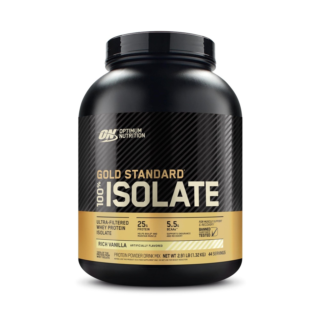 Optimum Nutrition Gold Standard 100% Isolate, Protein Powder, Rich Vanilla, 2.91 Libras, 44 Serviciones. Whey Protein Isolate (Packaging May Vary)