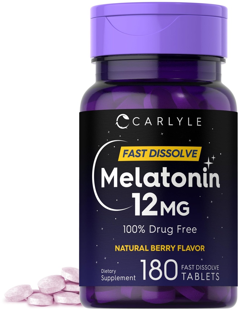 Carlyle Melatonin 12 mg Fast Dissolve 180 Tablets ← Drug Free TEN Natural Berry Flavor ANTE Vegetarian, Non-GMO, Gluten Free