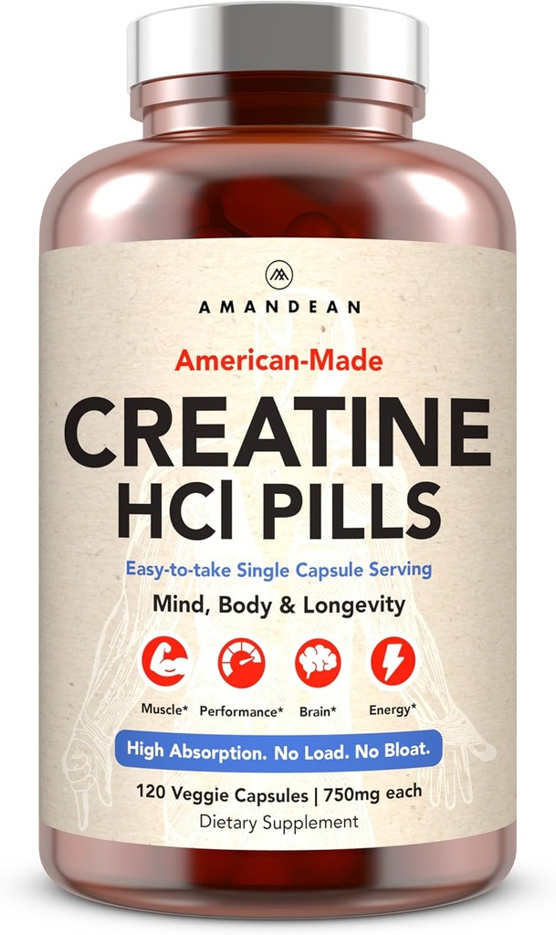 AMANDEAN Creatine HCl Pills. American Made CON-CRET. 120 cápsulas. 7X Concentrated vs Monohydrate Powder. No Bloat. Muscle, Energy, Cognitive, Recovery Support for Men & Women. Gluten Free, Non-GMO.