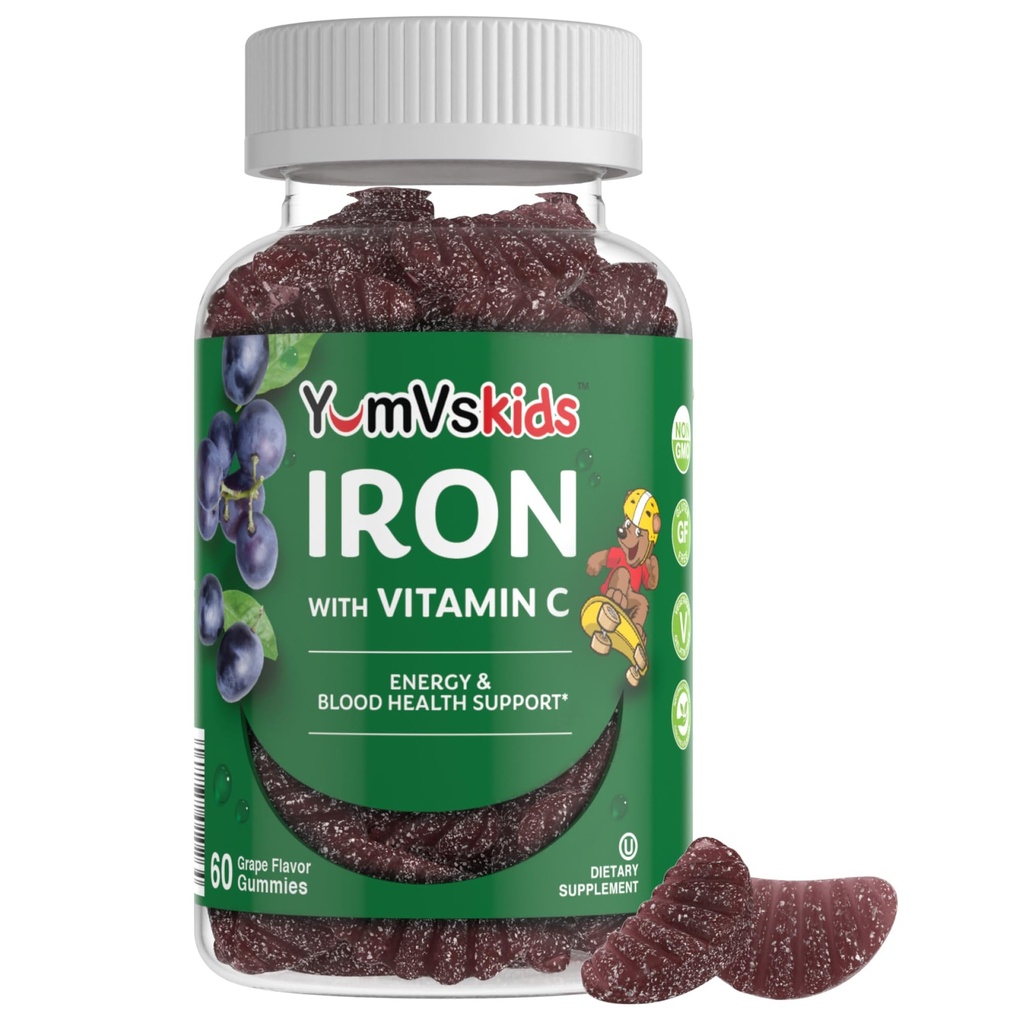 Suplemento de hierro para niños – 5 mg Gummies para niños con vitamina C – Gummies de gran consumo sabor de la uva – apoya la salud inmunitaria " Ayuda con la deficiencia de hierro – Vegan, Kosher, Non-GMO – 60 Conde