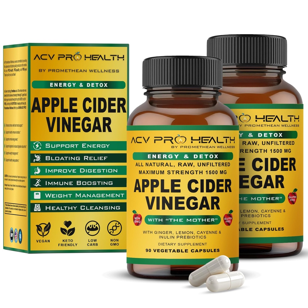 Cápsulas de vinagre de manzana 2-Pack ACV Pro Certified Organic with Mother ACV Pills Detox Cleanse Acid Reflux Relief Support Suplemento Ginger Root Cayenne Pepper Powder